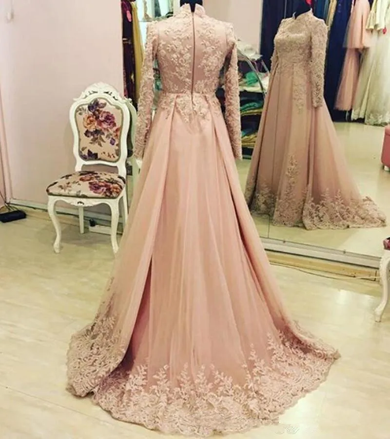 Elegant Arabic A-Line Evening Dresses Long Sleeve Dubai Indian High Neck Gown Custom Made Lace Appliques Muslim Party | Свадьбы и