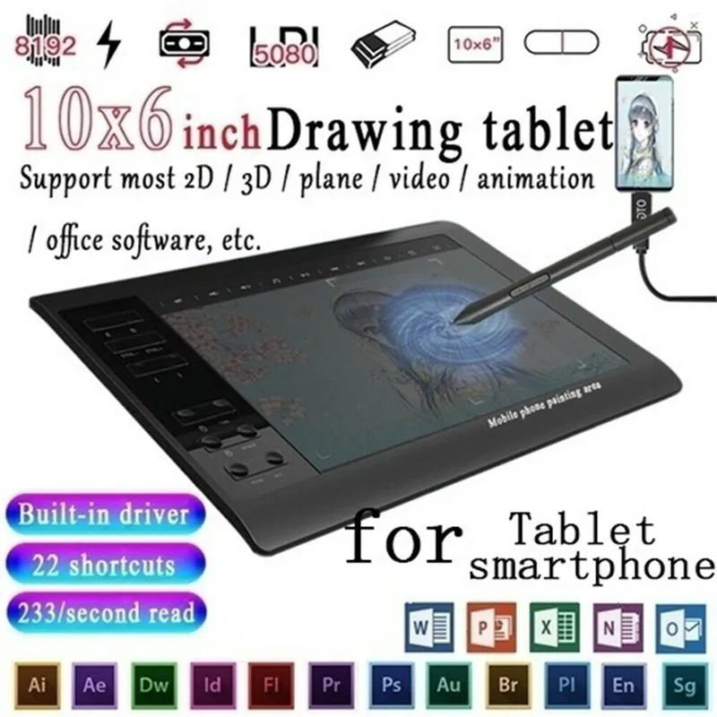 10x6&quot Professional Graphics Drawing Tablet 12 Express Keys 8192 Levels Battery-Free Stylus/30pcs Pen Refill Support PC/Laptop |