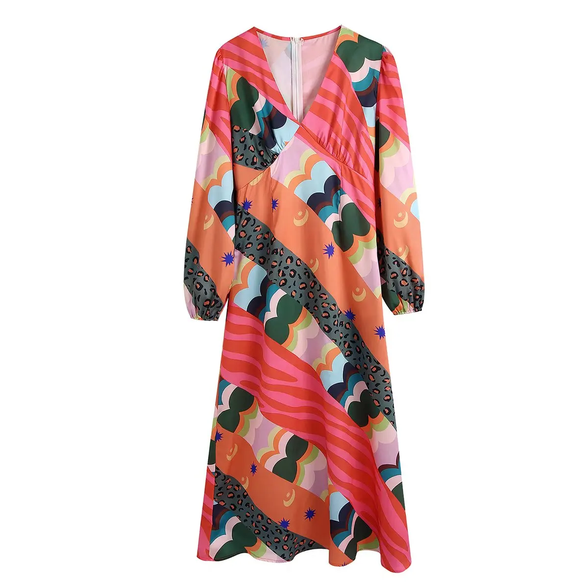 

Women Vintage Irregular Pattern Patchwork Print Casual Slim A Line Midi Dress Female Retro Chic Side Split Vestido