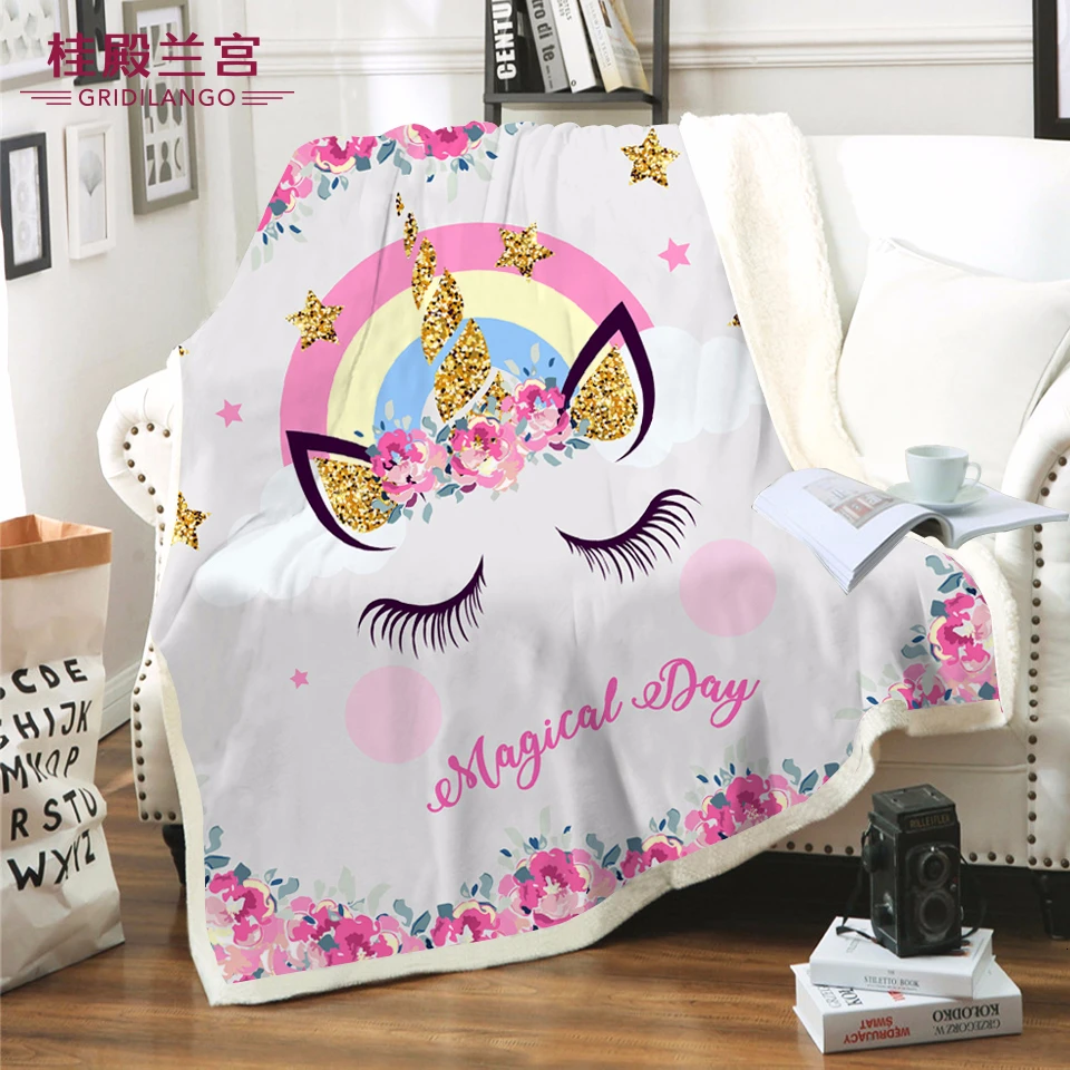 Золотое блестящее одеяло с единорогом из микрофибры на кровать плюшевое шерпа