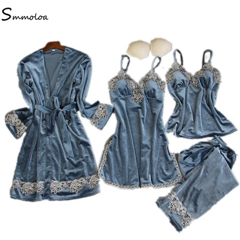 Smmoloa сексуальный женский халат комплект с платьем кружевной Халат + пижама из 4