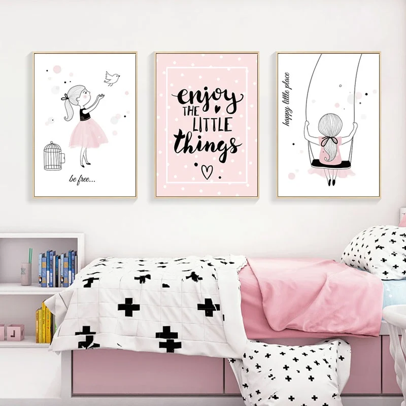 

Nursery Wall Art Painting 3 Panel Cartoon Girl Canvas Poster Nordic Posters And Prints Wall Pictures for Kids Baby Bedroom Decor