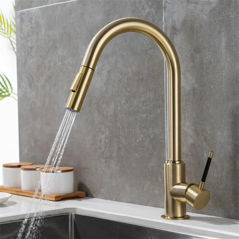 

Tuqiu Kitchen Faucets Brushed Gold Pull Out Kitchen Tap Single Hole Pull Down Kitchen Mixer Rotating Water Mixer Tap SUS 304