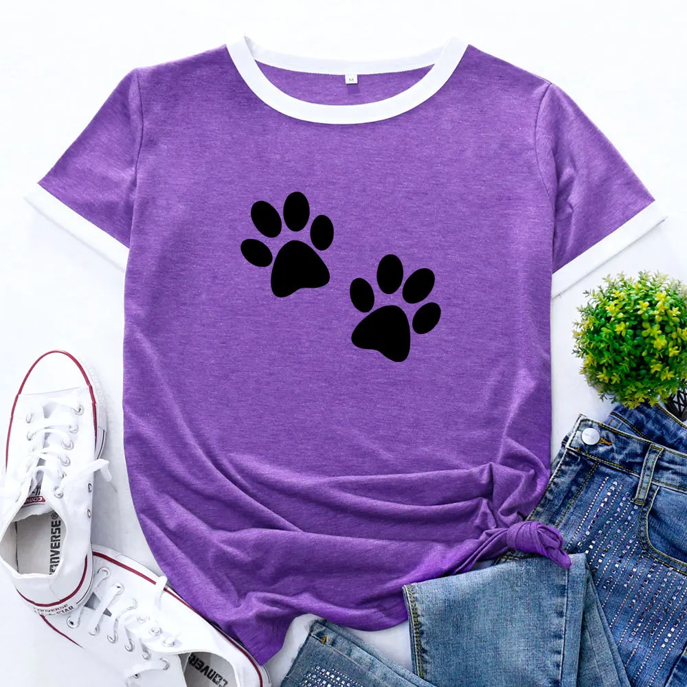 

Large size women's T-shirt plaid footprint color matching printed shirt O-neck short-sleeved summer 100% cotton women's top