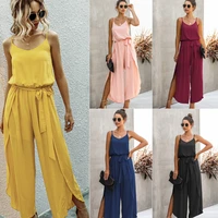 spaghetti straps solid women jumpsuits elegant sashes jumpsuit long rompers summer split office ladies overalls suits wf095