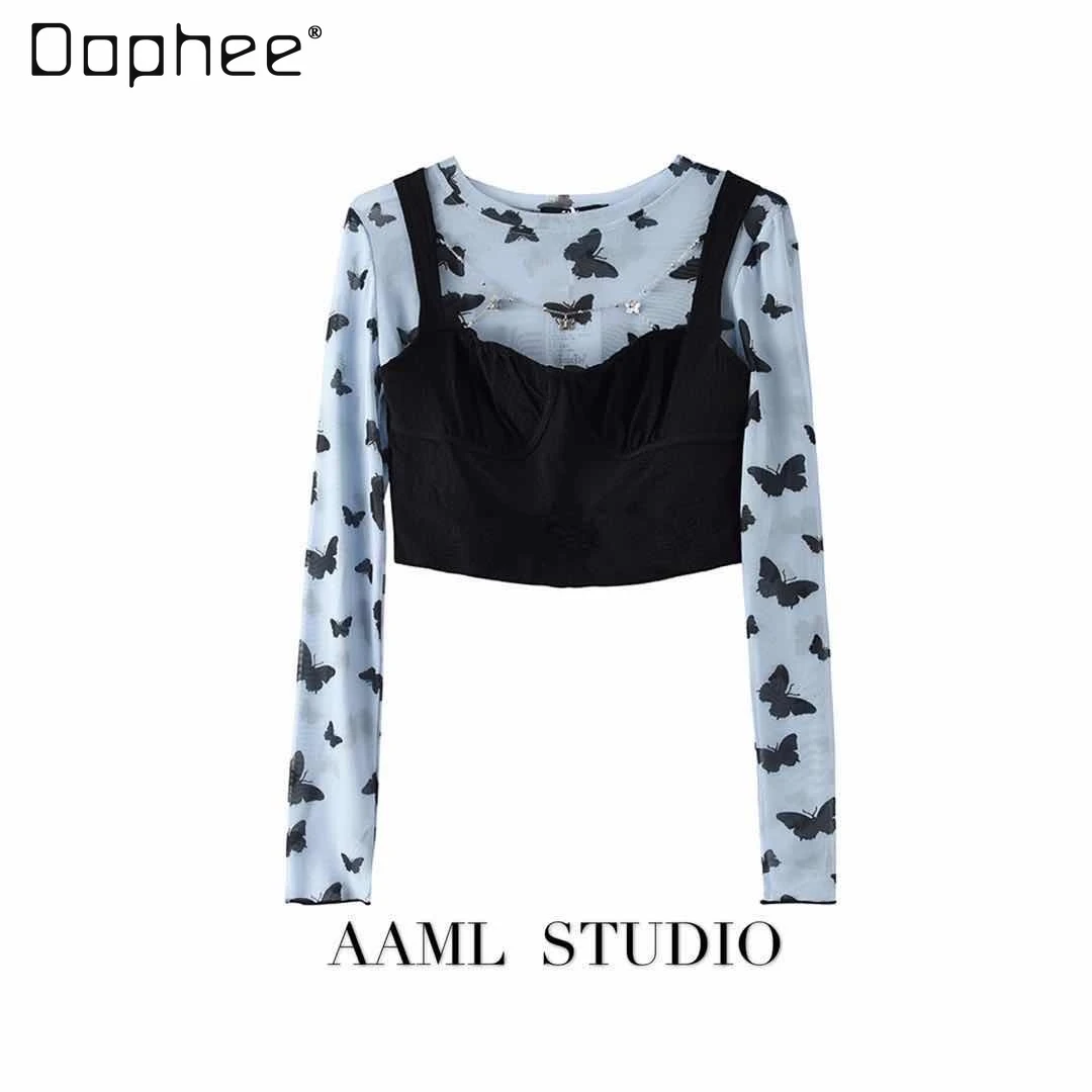 

2021 Spring and Autumn Butterfly Mesh Base T-shirt Vest Short Stretch Crew Neck Long Sleeve Top Suit Two-Piece Set for Women