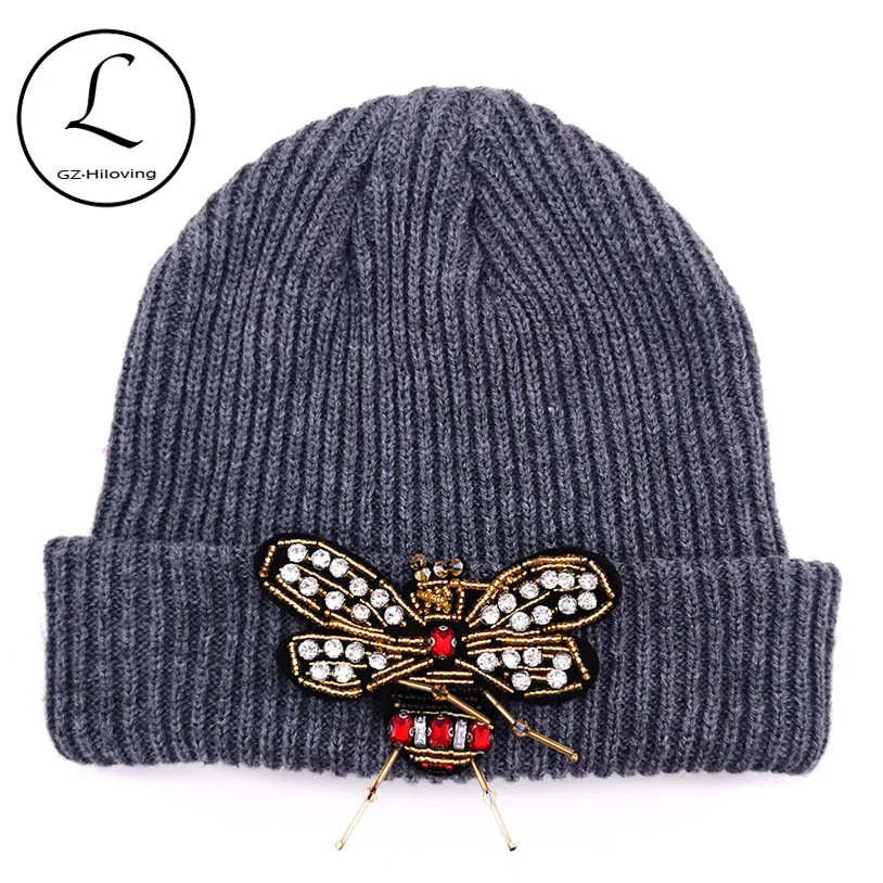 

GZhilovingL Winter Bee Rhinestones Beanies hats for Women Ladies Slouchy Soft Knit Skullies Hats Caps Femmel Girls Bonnet Gorros