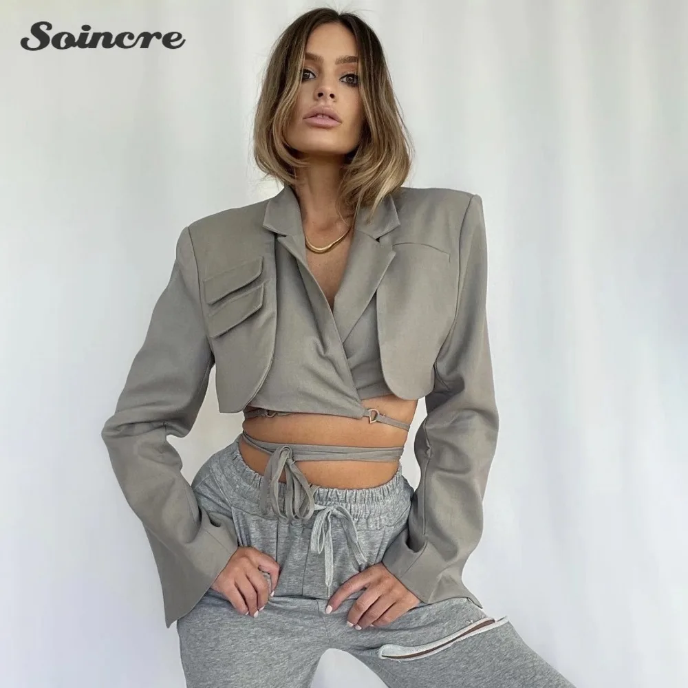 

Blazer Women 2021 New Fashion Double Layer Bandage Slim Lace Up Long Sleeve Pocket Jacket Female Outwear Short Tops High Street
