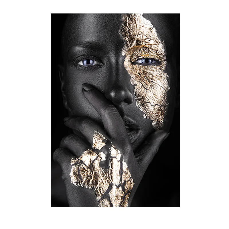 

African Art Black and Gold Woman Oil Painting on Canvas Cuadros Posters and Prints Scandinavian Wall Art Picture for Living Room