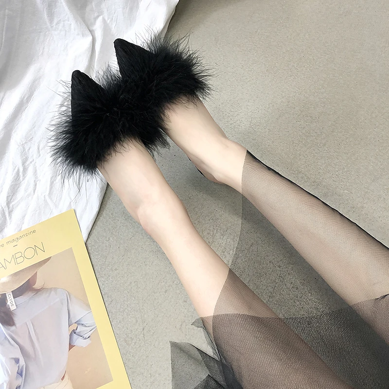 

2021 new women's set toe-shaped non-slip high heels fashion rubber bottom elastic cloth summer shallow fur shoes