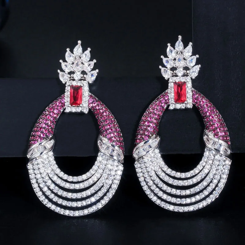 Red CWWZircons дизайнерские микро Pave CZ зеленый синий сапфир серебро Длинные круглые Висячие роскошные свадебные серьги для женщин CZ602 - Цвет камня: Red