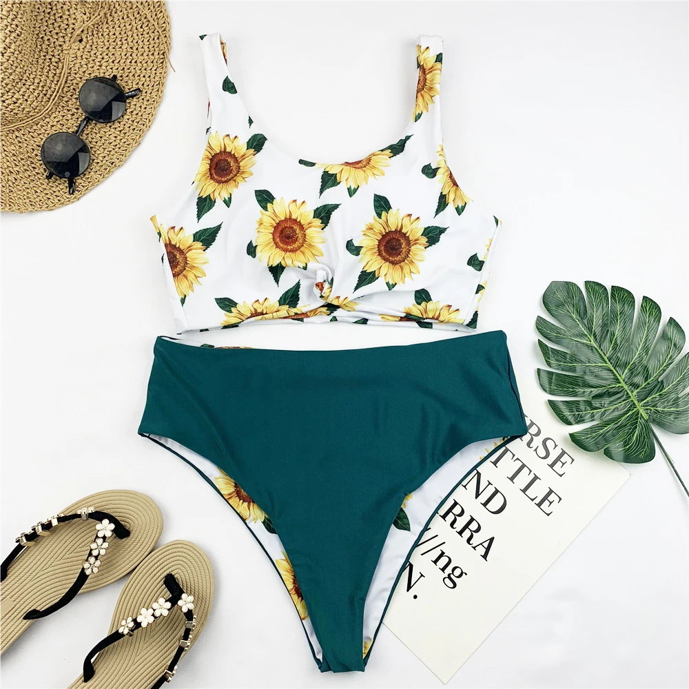 Высокая талия бикини женский цветочный принт Купальник укороченный топ
