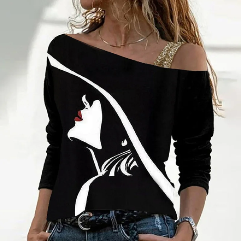 

Autumn New Long Sleeve T-Shirts Women Halter Strapless Irregular Fashion Face Print Casual Tops Plus Size Female Tee Shirts