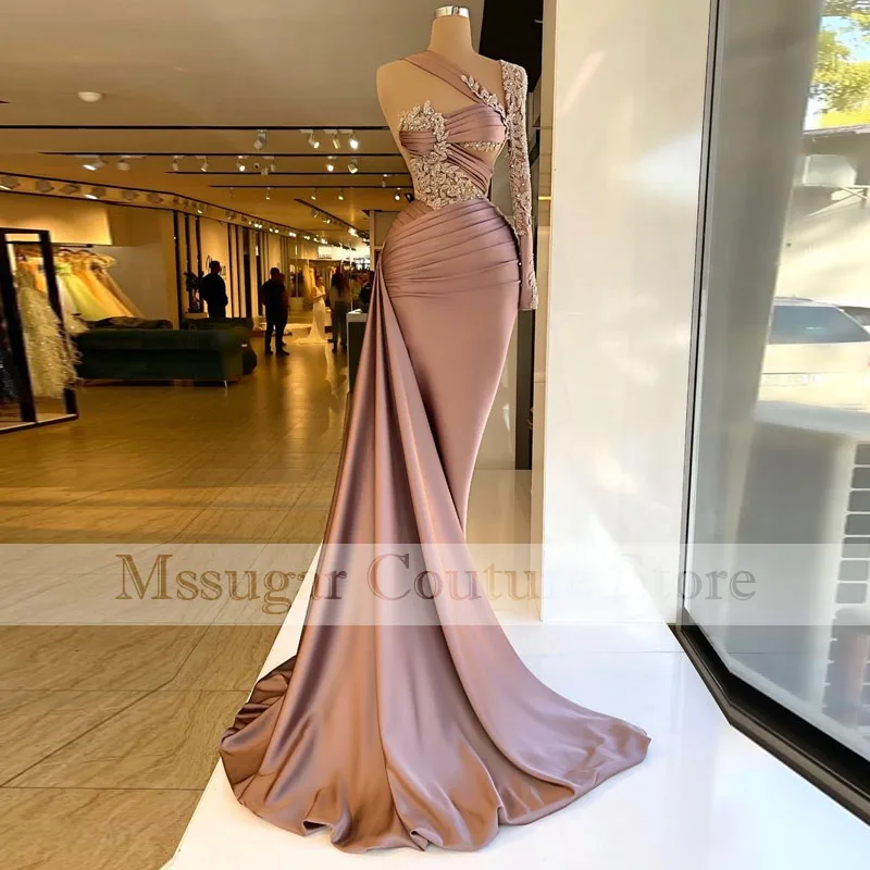 

2021 Elegant Mermaid Prom Dresses Beading One Shoulder Pleat Satin Formal Party Gowns Vestido De Fiesta