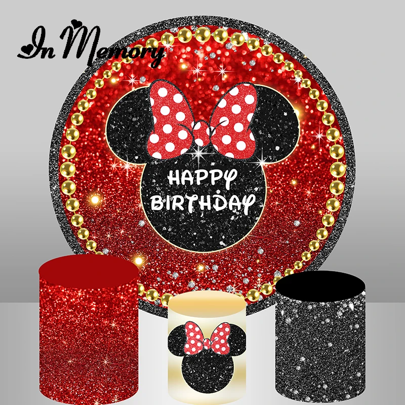 

Red Black Gold Glitter Mouse Round Backdrop Cover Bow Girls Newborn Baby Shower 1st Birthday Party Background Plinth Covers