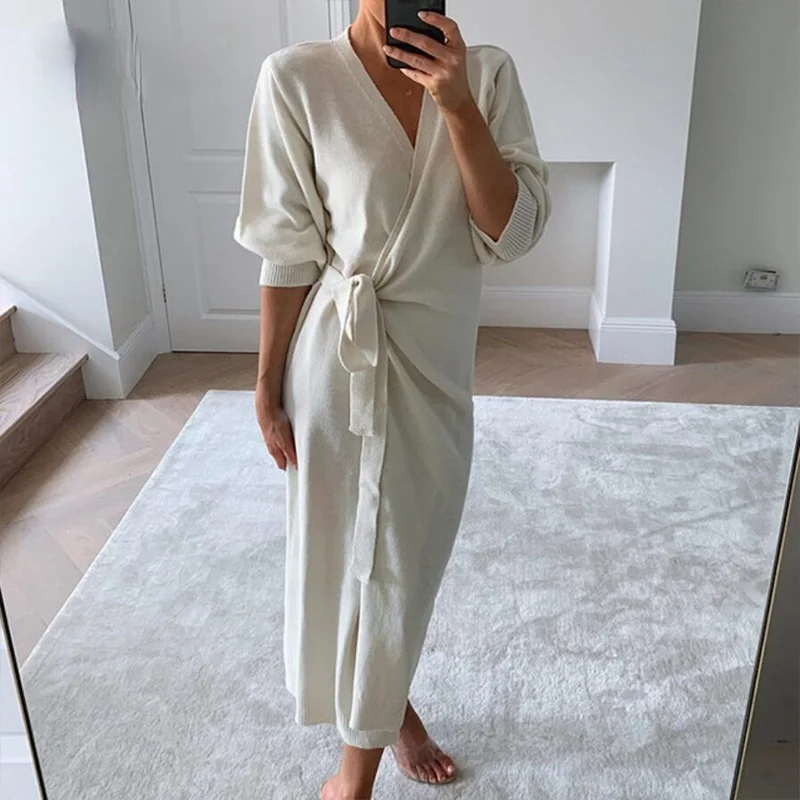 

Casual V-neck Knitted Dress Women's Knit Sweater Robe Home Sweater Wrap Skirt Solid Drawstring Elegant Sexy Straight Tube Dress