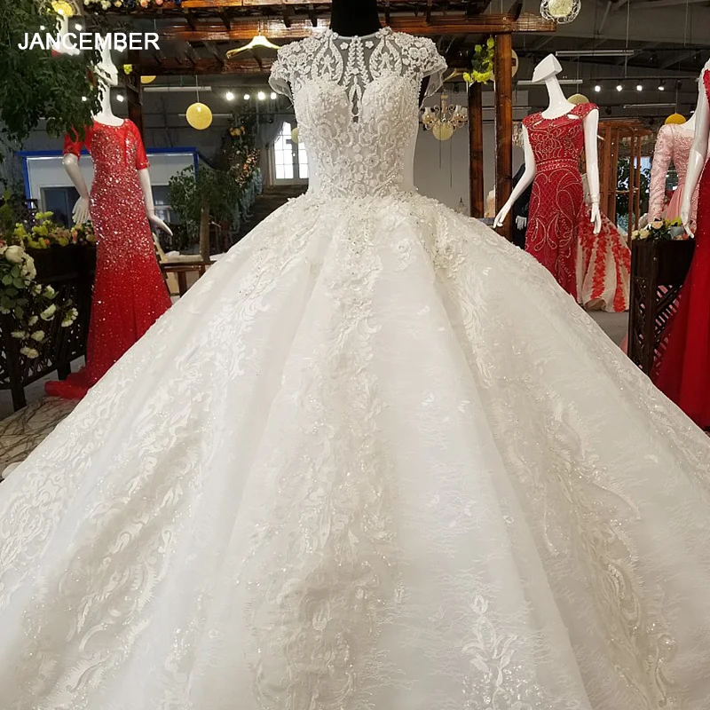 

LS65309 Wholesale Luxury Gown Dress O-Neck Cap Sleeve Lace Up Beauty Bridal Wedding Dressing Gown 2020 Robe Rose