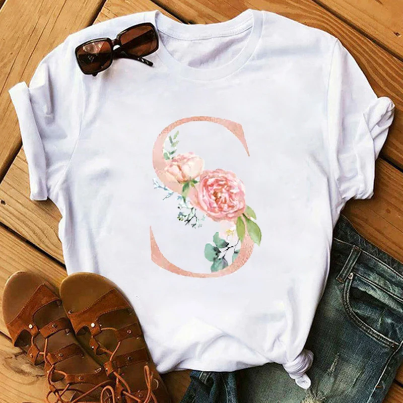 

New Female T-shirts ulzzang Pink Letter Flower Women T Shirts Harajuku Fashion Thin Section Tees Tops Clothes 90s Kawaii Shirts