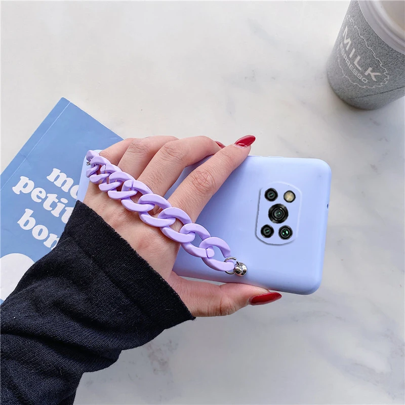 Candy Color Silicone Wriststrap Bracelet Chain Phone Case For Xiaomi Mi Poco X3 Pro Nfc F3 M3 Pro Soft Tpu Cover