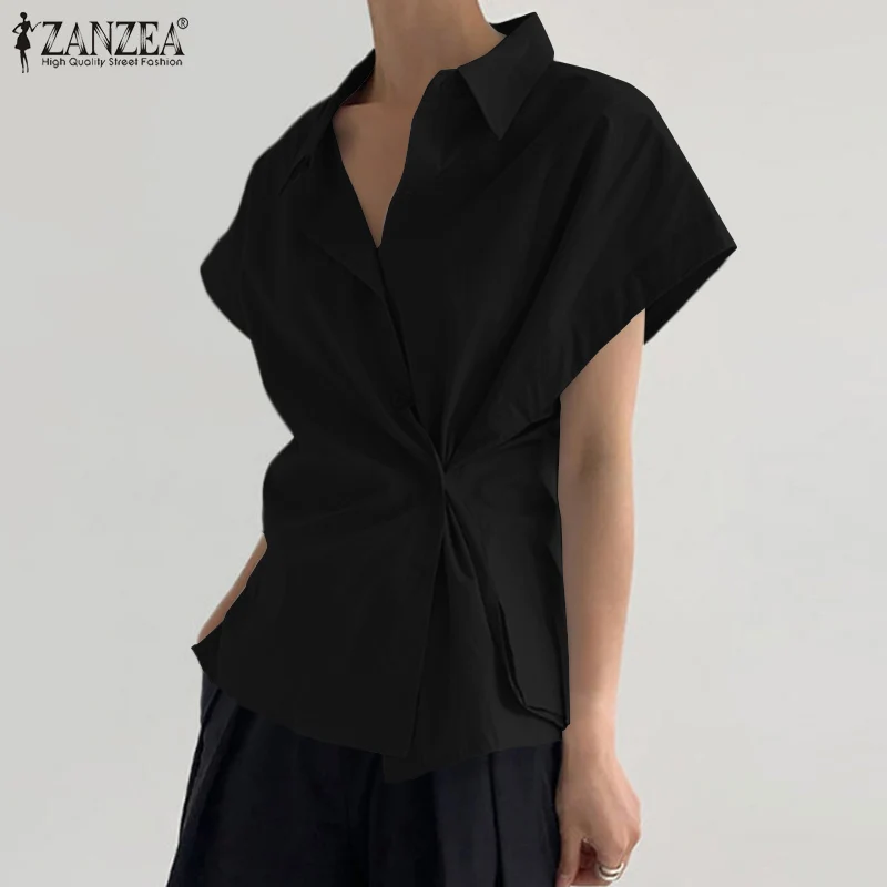 

Elegant Solid Shirt Women Asymmetrical Blouses ZANZEA 2021 Casual Short Sleeve Blusas Female Laple Button Tunic Oversize Chemise
