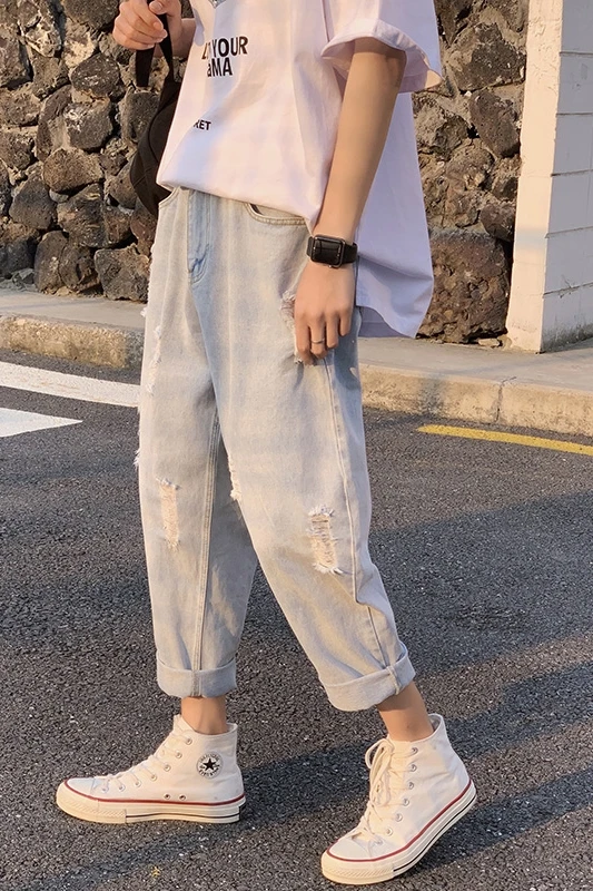 

Summer 2021 New Loose Hole Hong Kong Style Trendy All-Matching Casual Pants