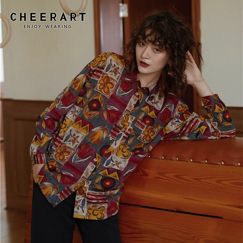 CHEERART осень 2020 Женская винтажная рубашка с длинным рукавом Женские топы и блузка