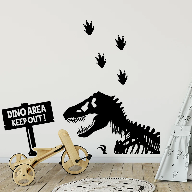 

Cartoon Dinosaur Skeleton Footprints Wall Sticker Jurassic Park Funny Quote Animal Dino Wall Decal Kids Room Bedroom Decor