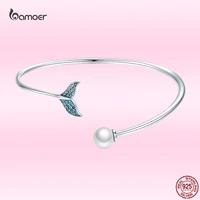 bamoer pearl mermaid bangle 925 sterling silver blue fish tail bangle bracelet for women elegant fine jewelry girl gifts