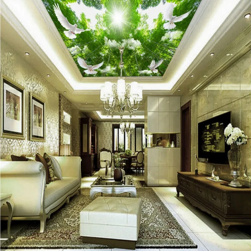 

Dropship Photo Wallpaper Peace Pigeon Mural Custom High Quality Blue Sky White Cloud Green Bamboo Forest Ceiling Wallpaper