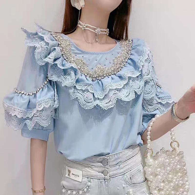 

2021 Summer Female European New Beads Lace Ruffled Chiffon Blouses Women Sweet Puff Sleeve Shirt Fashion Crew Neck Pullover Tops