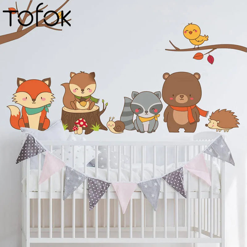 

Tofok Fox Bear Squirrel Forest Animals Cartoon Wall Stickers Kids Room Decor Children's Room Decoration Waterproof Stickers