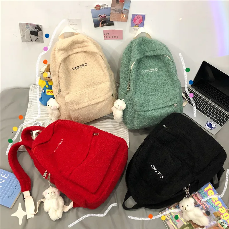 

2021 New Woman Fashion Plush Backpack Winter SchoolBags for Teenage Girls Ladies College Harajuku Travel School Rucksack