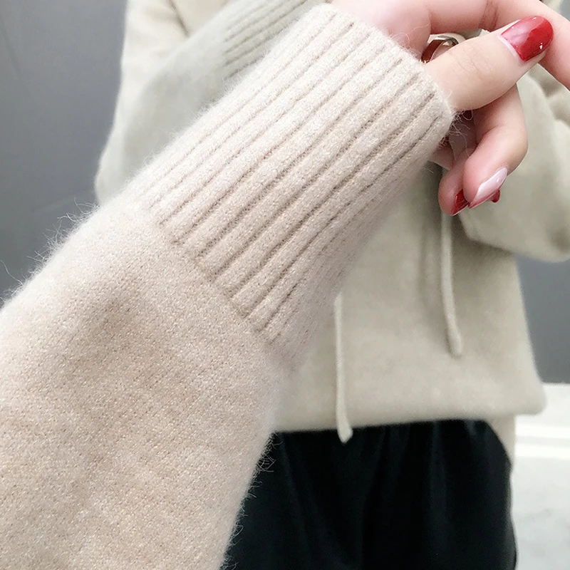 Женский трикотажный свитер с капюшоном однотонный осенний 2021 | Женская одежда