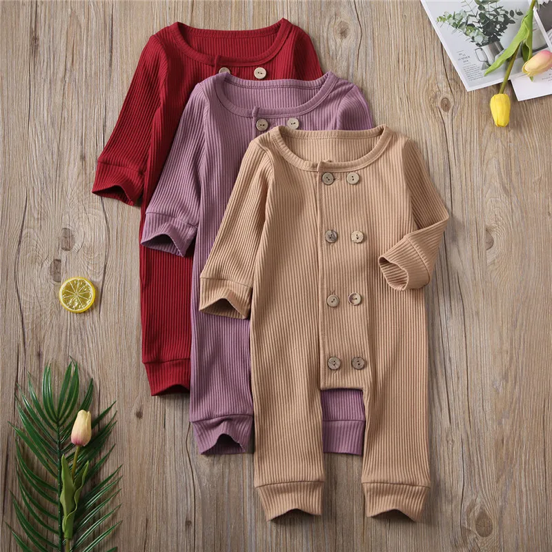 

New Infant Baby Girls Boys Solid Romper Cotton Kids Girl Long Sleeve Ribbed Knitted Jumpsuit 0-24M Button Spring Autumn Overalls