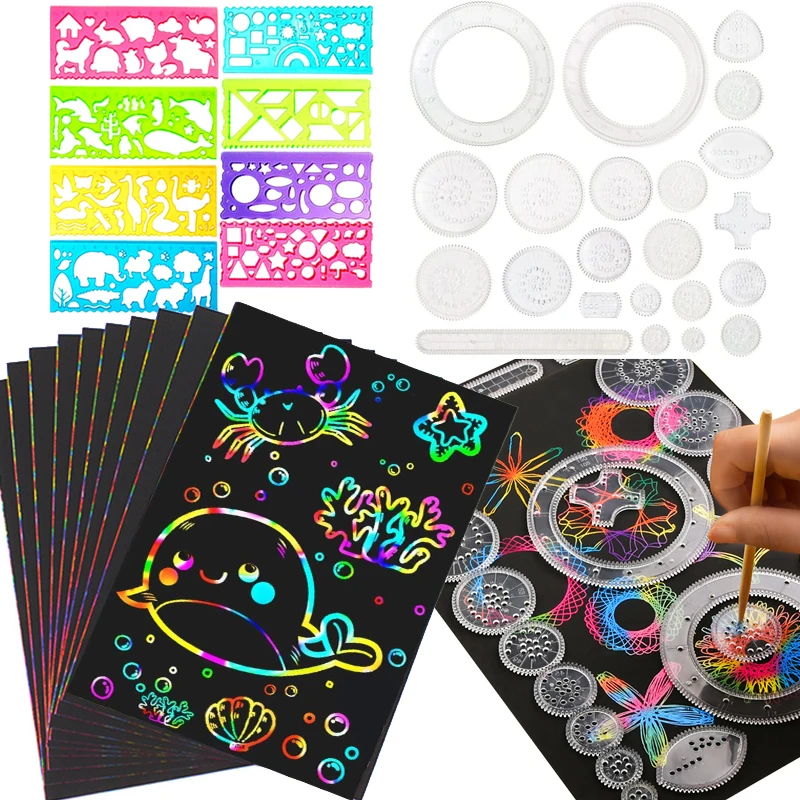 40pcs Scratch Rainbow Papers Classic Gear Spirograph Drawing Set Animal Geometric Painting Stencils Rulers Kids Art Carft Toys | Игрушки и