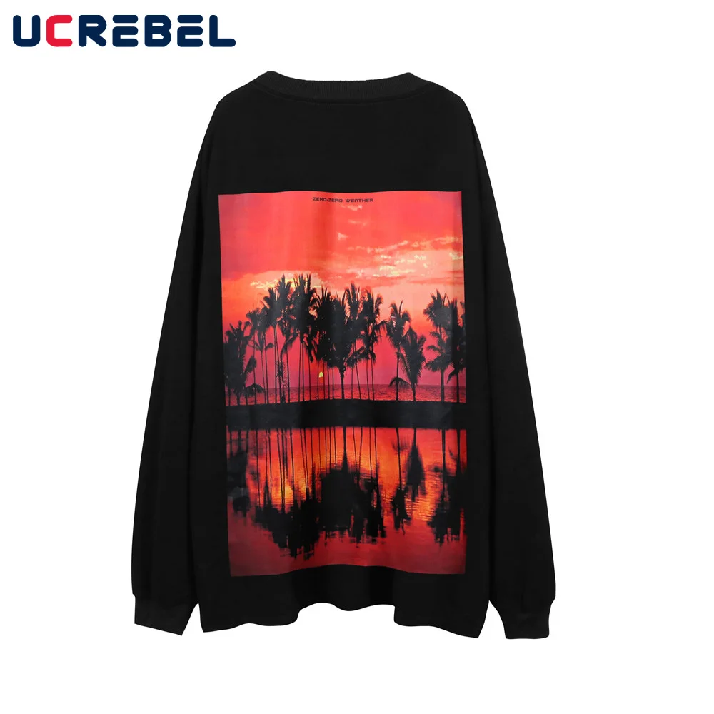 

Landscape Print Long Sleeved T-shirt Mens Autumn Cotton Tee Streetwear Casual Loose Crew Neck T shirt Men