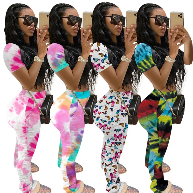 

Tie Dye Butterfly Print Two Piece Set Summer Outfits for Women Tracksuit Crop Top and Stacked Pants Suit Streetwear Matching Set