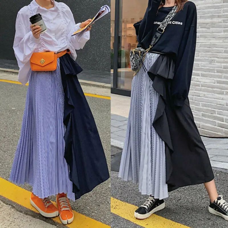

Women Two-Color Stitching Skirt Ladies Casual Elastic Pleated Waist Long Skirt