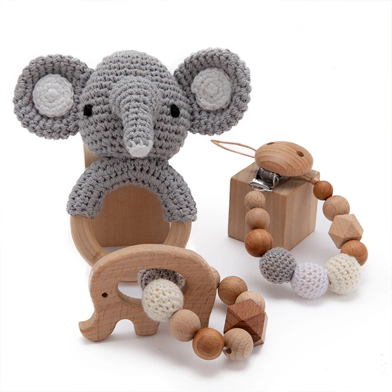 

Baby Teether Wooden Music Rattle Crochet Elephant Bells Teething Bracelet Pacifier Dummy Clips Gym Play Rodent Baby Products Toy