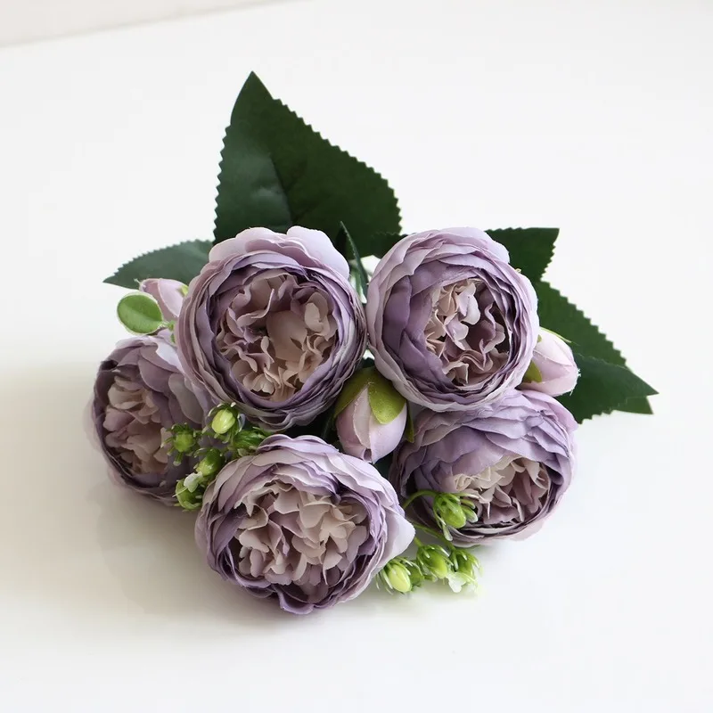 

1 Bouquet 5 heads Artificial Flowers Fall Vivid rose Peony Silk flower European Fake Leaf Wedding Home Party Decoration