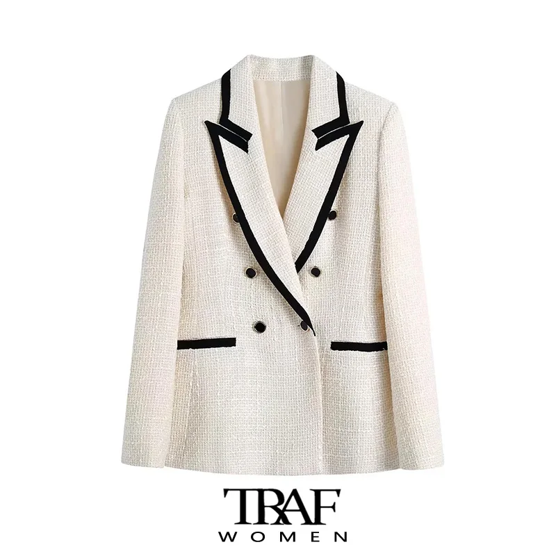 TRAF  Women Fashion With Contrast Piping Tweed Blazer Coat Vintage Long Sleeve Pockets Female Outerwear Chic Veste Femme