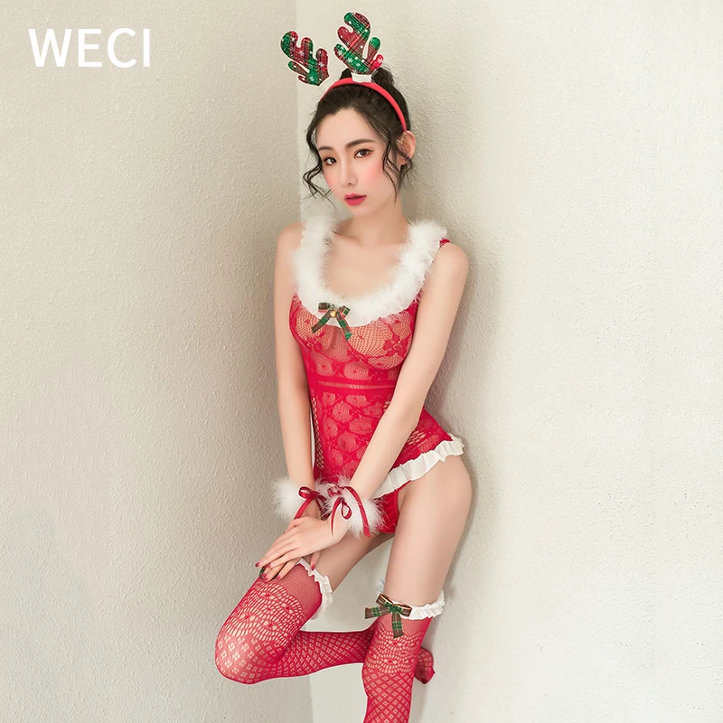 

WECI Red Hairy Elk Christmas 2023 Newyear Cosplay Costume Plush Sexy Dress With Stocking Outfit Temptation Uniform Anime Hot Set