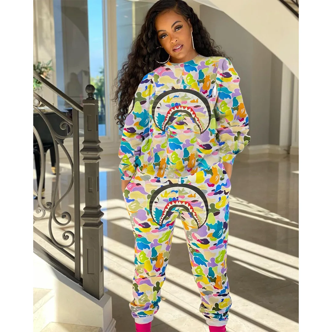 

43M6368 Autumn Winter Women Casual Fashion Graffiti Print Sports Two Piece Set Top and Pants Tracksuit Sweatsuit Outfits Hot