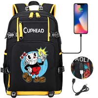 cuphead game mugman backpack girls boys schoolbag large capacity laptop bag waterproof multifunction usb charging backpack