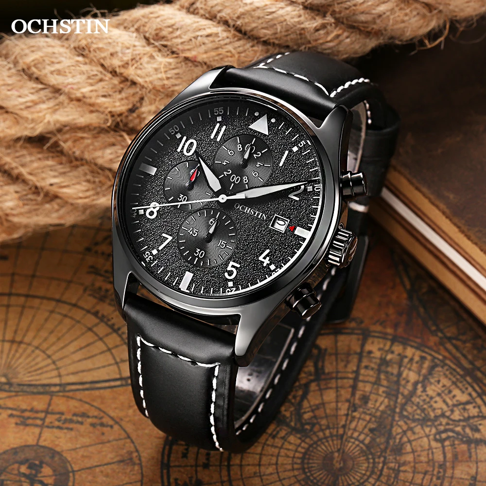 

OCHSTIN 2021 NEW Fashion Mens Quartz Watches Sports Chronograph Waterproof Leather Wristwatch Modern simplicity Wristwatch GQ043