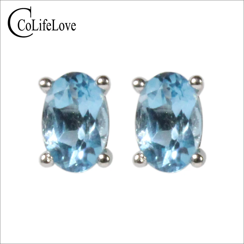 

CoLife Jewelry 925 Silver Topaz Stud Earrings 4*6mm Natural Light Blue Topaz Earrings Simple Silver Stud Earrings
