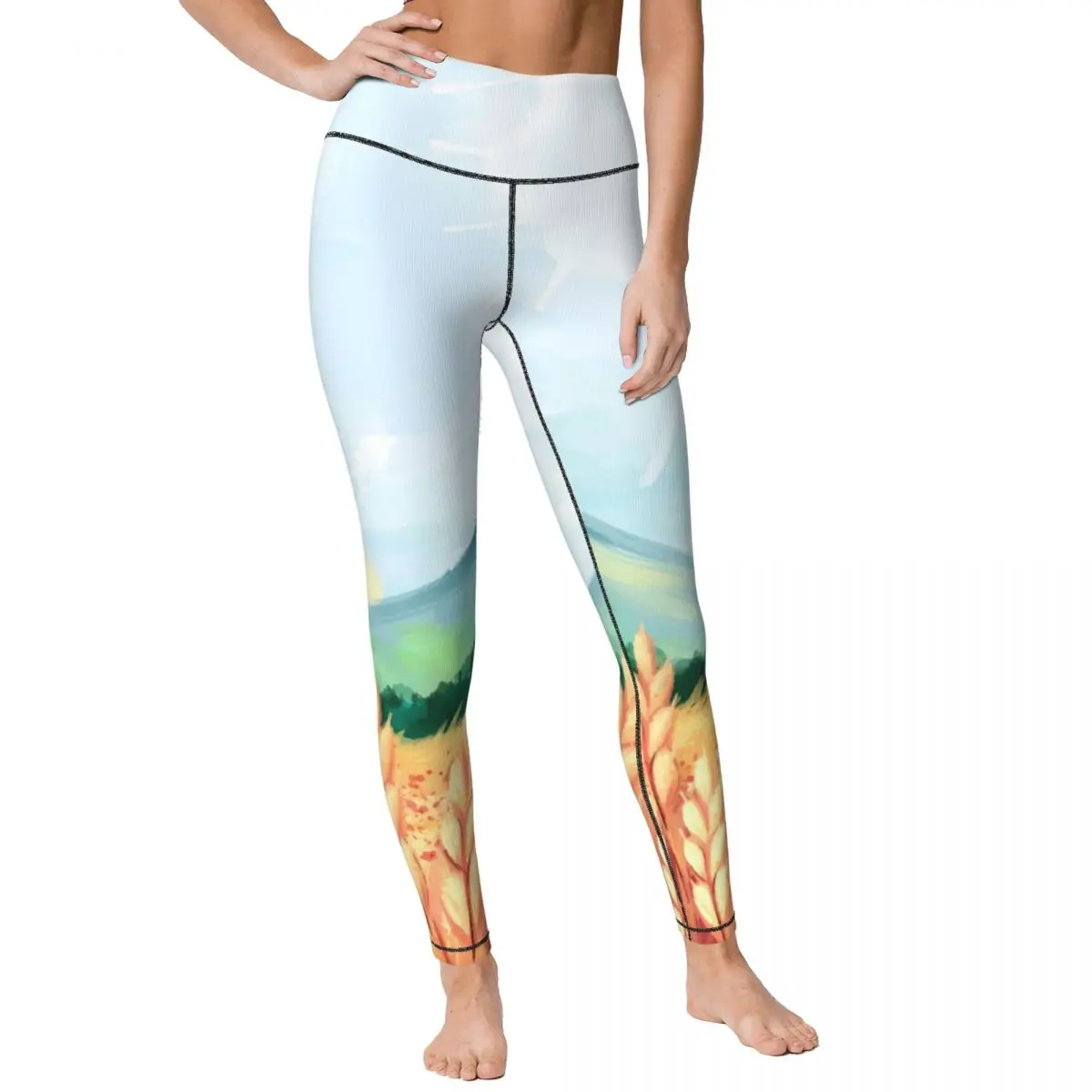 

Женские длинные леггинсы для фитнеса с акварельным фермерским ландшафтом, женские брюки