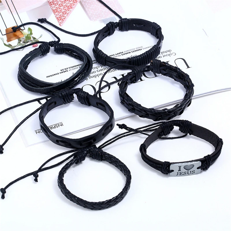 6 шт./компл. браслет из бычьей кожи с плетеной пеньковой веревкой винтажный в