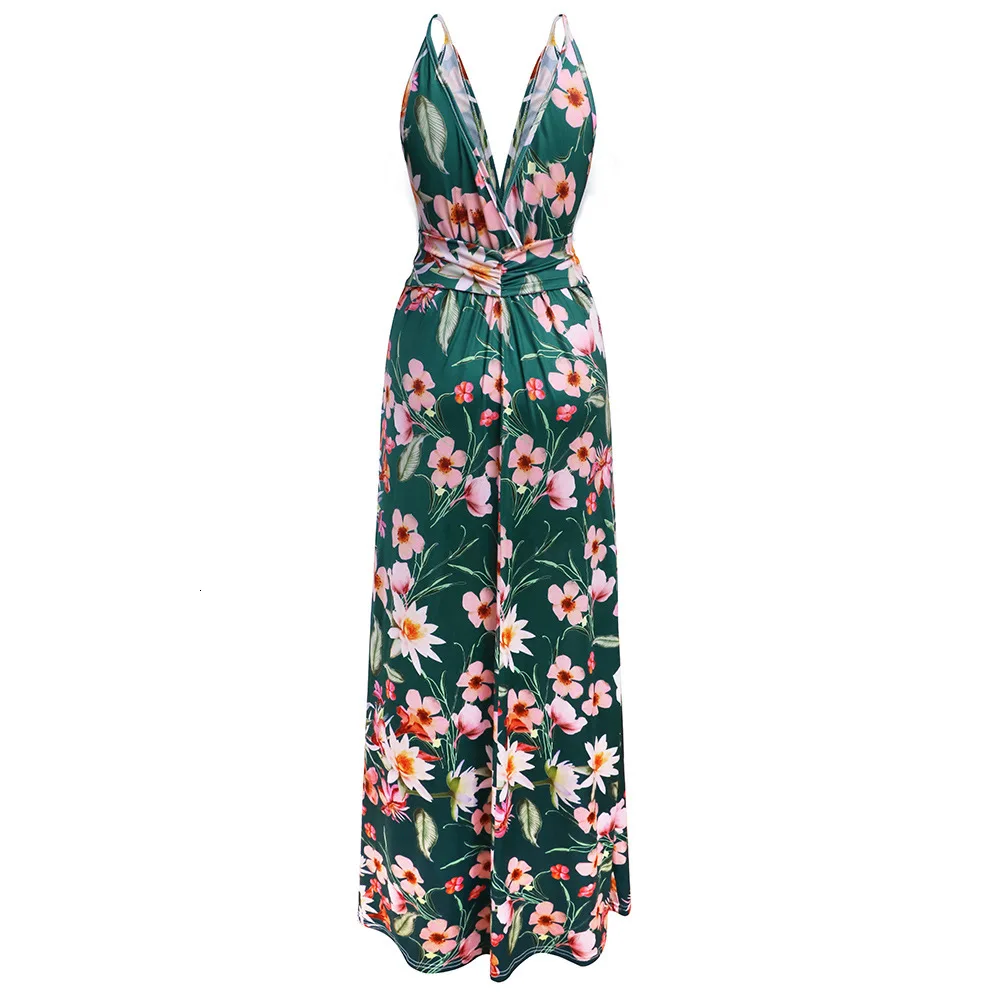 

2020 Multicolor tropical floral print boho long dress Summer sexy v neck sling cross back party night wrap maxi dress
