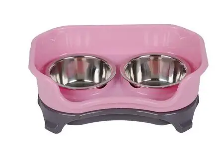 Pink Двойная миска для кошек миска для собак с поднятым подставкой из нержавеющей стали Нескользящая миска для кошек поилка для щенков - Цвет: Pink
